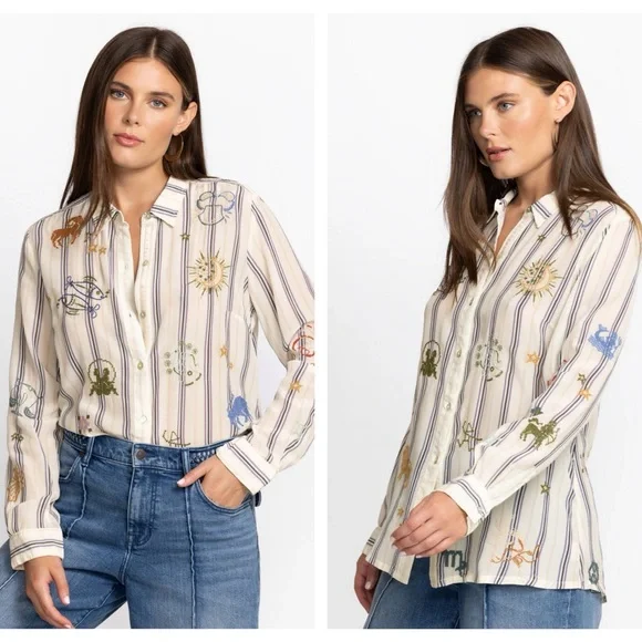 Johnny Was ARIANA BUTTON BACK striped silk shirt with zodiac embroidery size sm - Picture 5 of 16